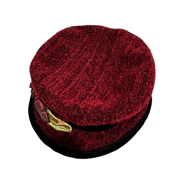 Toucan burgundy red chenille bucket hat black trim flowers on hatband soft warm - Picture 7 of 10